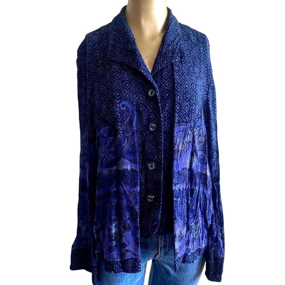 Vintage 90s Carole Little Women 10 Blue Geometric Paisley Layered Button Blouse